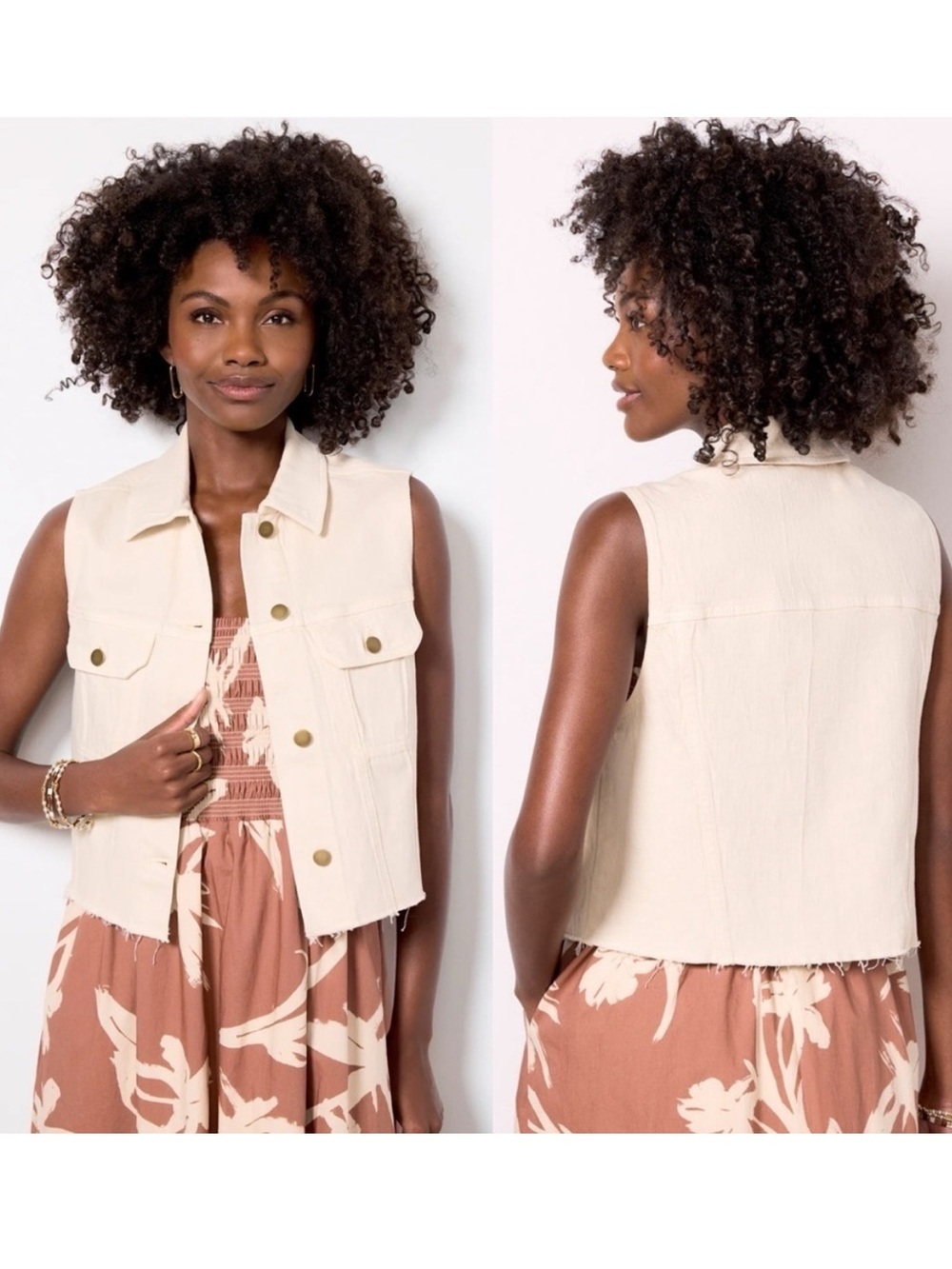 Evereve Ecru Cotton Blend Cropped Raw Hem Robbie Buttondown Denim Vest sz L NWT